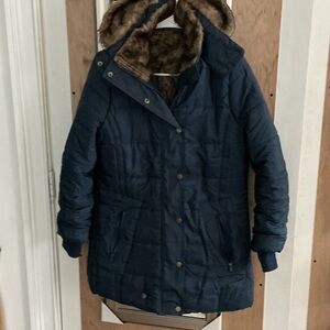 Navy Quilted Coat with Faux Fur Hood
